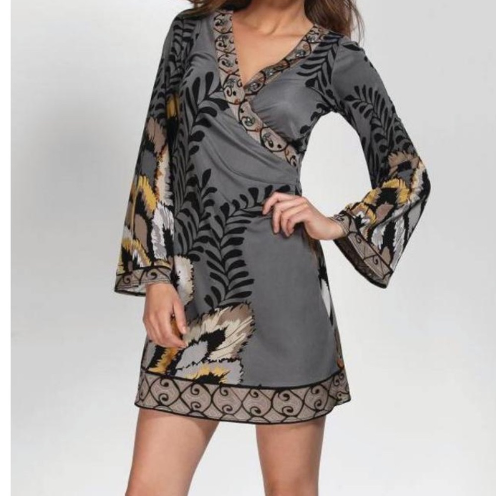 Gray Faux Wrap Neutral Jewel Cocktail Dress Size M